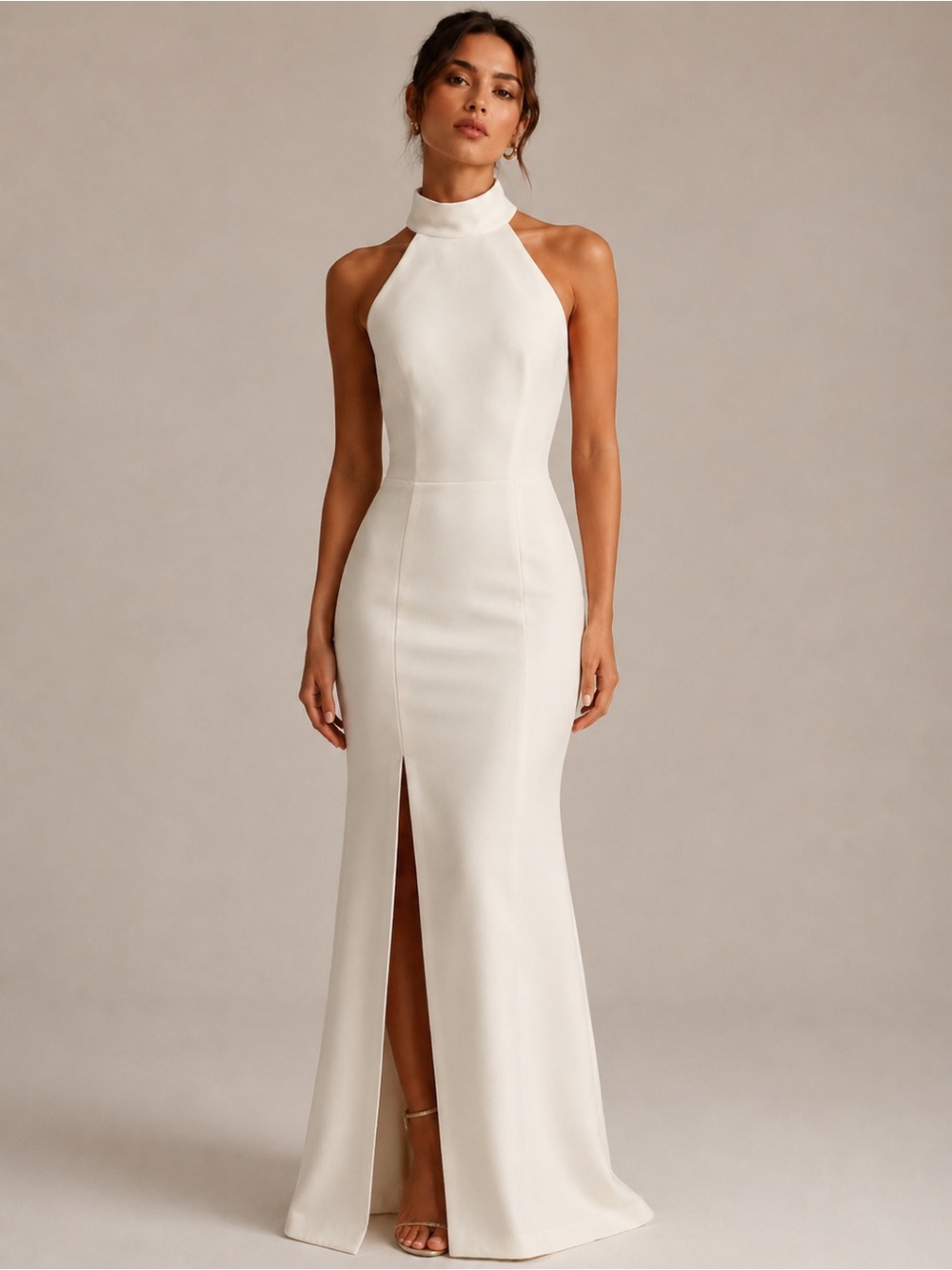 C/MEO Collective Cream Crepe High Neck Column Maxi Dress Gown in Size: S
